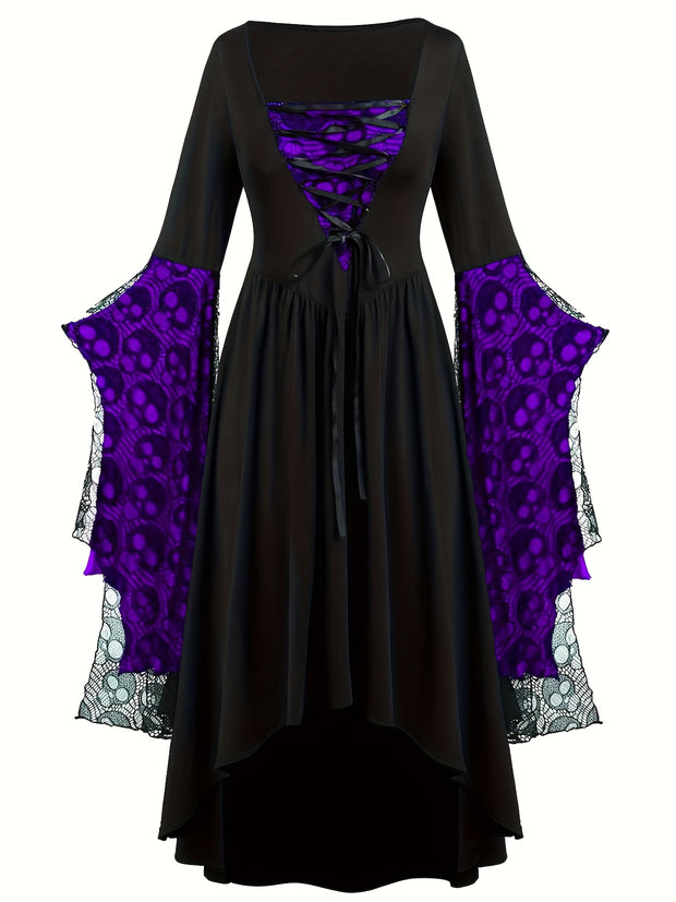 Plus Size, Women's Gothic Plus Size Elegant Witch Dress with Skull & Bat Lace Sleeves, A-Line Floor-Length Formal Halloween Costume, Machine Washable All-Season Party Dress with Belted Waist & Ruffled Hem - Victorian-Style St