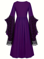 Plus Size, Women's Gothic Plus Size Elegant Witch Dress with Skull & Bat Lace Sleeves, A-Line Floor-Length Formal Halloween Costume, Machine Washable All-Season Party Dress with Belted Waist & Ruffled Hem - Victorian-Style St