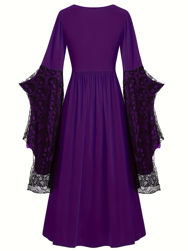 Plus Size, Women's Gothic Plus Size Elegant Witch Dress with Skull & Bat Lace Sleeves, A-Line Floor-Length Formal Halloween Costume, Machine Washable All-Season Party Dress with Belted Waist & Ruffled Hem - Victorian-Style St