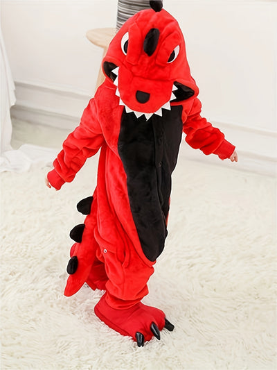1pc Boys Cozy Dinosaur Hooded Jumpsuit for Halloween Parties, Boys Clothes, family Valentine's Day themed