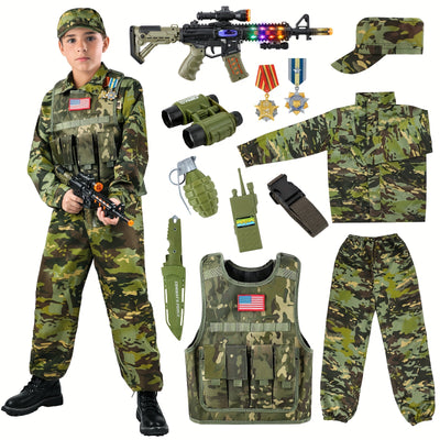 GINMIC Tactical Army Costume for Boys & Girls - Realistic Camouflage Vest with MOLLE Webbing, Pistol & Med Kit, Halloween & Christmas Outfit, Durable Polyester, Boy Costume, Best for Christmas