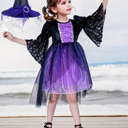 Black Lace Trumpet Sleeve Patchwork Purple Hooded Witch Dress + Witch Hat with Sparkling Sequin Decorations on the Skirt, Suitable for Halloween Gifts for 3-10 Years Old