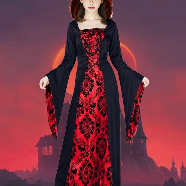 A Long Hooded Print Dress for Girls Featuring Exquisite Digital Prints of a Vampire Costume, Perfect for Halloween Parties And Various Festive Celebrations.