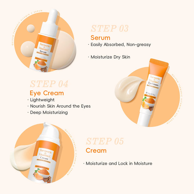 Natural Turmeric & Vitamin C 5pcs Skincare Set, Sensitive Light Beige Friendly, with Cleanser, Toner, Eye Cream, Serum, Moisurizer, Perfect Gift for Women, Affordable Beauty Gift Set, Best for Christmas, Perfect for Thanksgiv