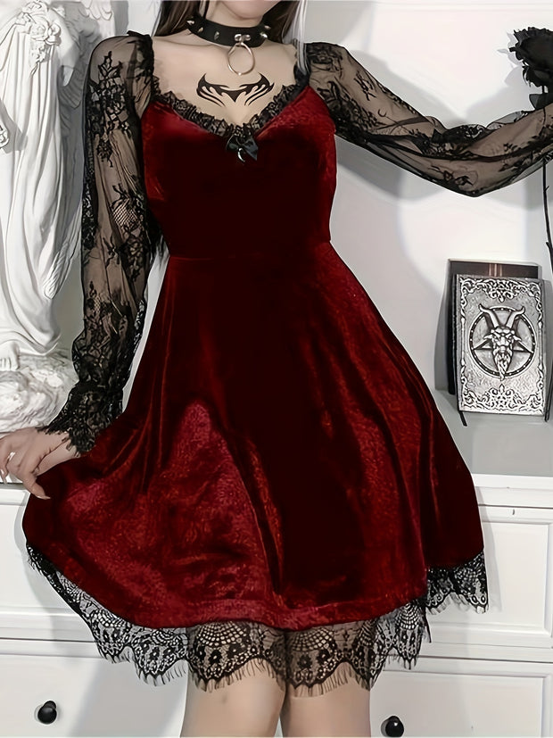 Halloween Waist-Cinching Dress, Gothic Dark Style Contrast Lace Long-Sleeve A-Line Party Performance Costume