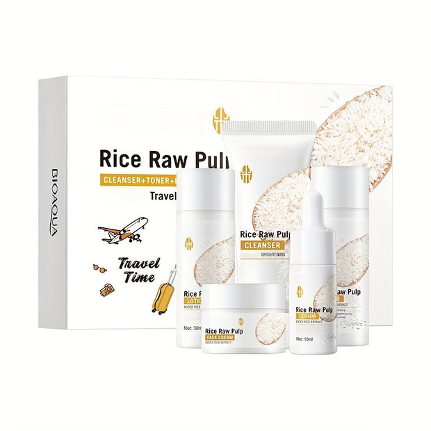 Rice Light Beige Care Set, 5pcs Moisturizing Facial Care Set for Women, Rice Shampoos Facial Light Beige Care Set, Including Rice Cleanser, Toner, Essence, Cream, Lotion. Mini Travel Size