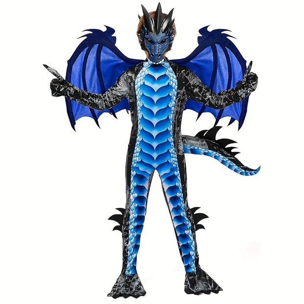 SYNCFUN Halloween Dragon Costume for Kids - Blue & Black Winged Dragon with Tail & Mask Set, All-Season Dress Up for Boys, Halloween Costume, Festive Attire, Detailed Craftsmanship, Durable Fabric, Best for Christmas, Perfect