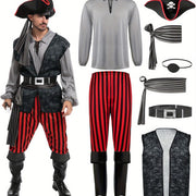 JOYFY Men Pirate Costume, Adult Pirate Shirt Vest Viking Pants Hat Set for Halloween Themed Parties