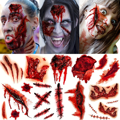 9 Sheets Scary Fake Blood Tattoos - Realistic Bloody Wound Decals with Stitched Wounds, Bleeding Effect & Faux Blood Splatter for Halloween Costume Makeup, Cosplay, Theater - Long-Lasting Waterproof Temporary Tattoos for Adul