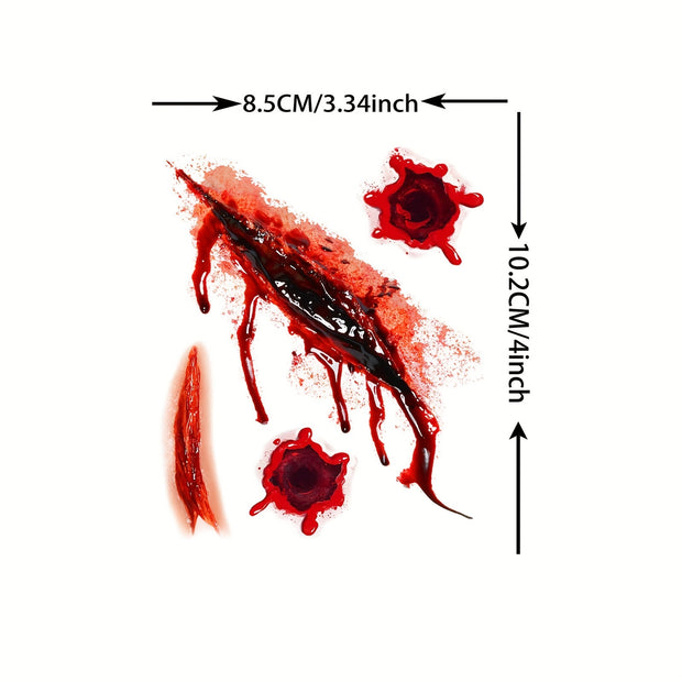 9 Sheets Scary Fake Blood Tattoos - Realistic Bloody Wound Decals with Stitched Wounds, Bleeding Effect & Faux Blood Splatter for Halloween Costume Makeup, Cosplay, Theater - Long-Lasting Waterproof Temporary Tattoos for Adul