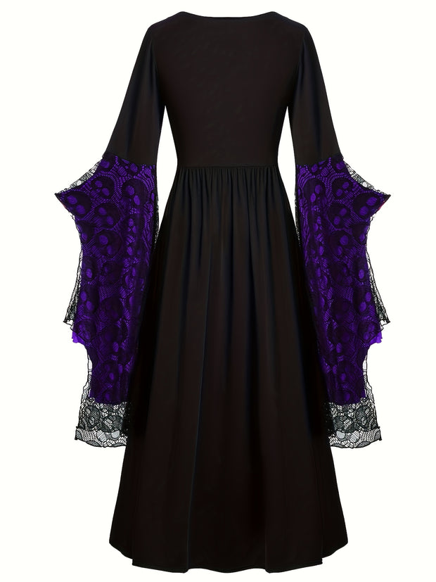 Plus Size, Women's Gothic Plus Size Elegant Witch Dress with Skull & Bat Lace Sleeves, A-Line Floor-Length Formal Halloween Costume, Machine Washable All-Season Party Dress with Belted Waist & Ruffled Hem - Victorian-Style St