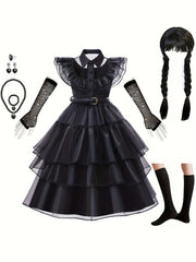 Girls' V-Neck Ruffle Button Solid Color High Neck Black Dress Long Skirt Cosplay Princess Birthday Party Christmas Halloween Dance Party Dress with Wig, Stockings, Necklace Set and Gloves 5pcs Set