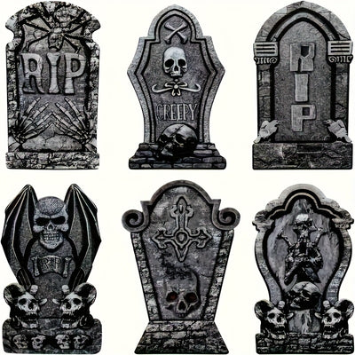 2D Flat 6pcs Halloween Yard Tombstone Signs Set with Stakes - 6 Pack Outdoor Decorations, Plastic Haunted House Theme Graveyard Props, Skeleton Marker Plaques for Garden Lawn, Ghostly Party Decor Without Electricity, 2D Flat