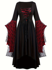 Plus Size, Women's Gothic Plus Size Elegant Witch Dress with Skull & Bat Lace Sleeves, A-Line Floor-Length Formal Halloween Costume, Machine Washable All-Season Party Dress with Belted Waist & Ruffled Hem - Victorian-Style St