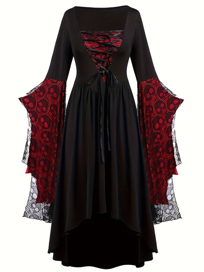 Plus Size, Women's Gothic Plus Size Elegant Witch Dress with Skull & Bat Lace Sleeves, A-Line Floor-Length Formal Halloween Costume, Machine Washable All-Season Party Dress with Belted Waist & Ruffled Hem - Victorian-Style St
