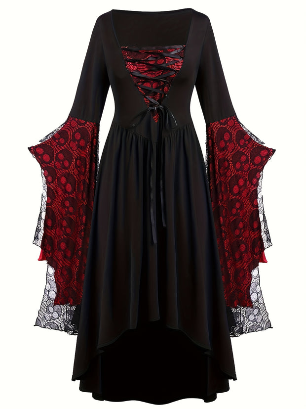 Plus Size, Women's Gothic Plus Size Elegant Witch Dress with Skull & Bat Lace Sleeves, A-Line Floor-Length Formal Halloween Costume, Machine Washable All-Season Party Dress with Belted Waist & Ruffled Hem - Victorian-Style St