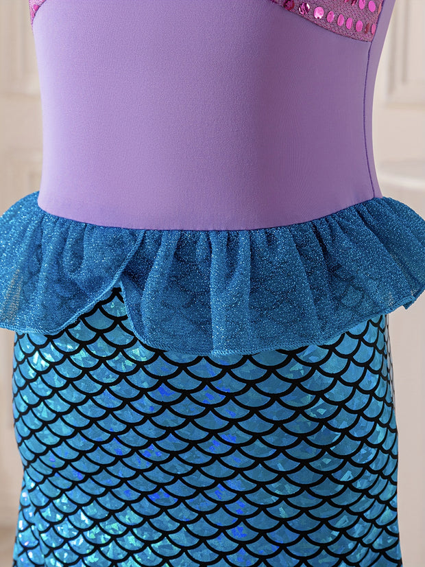 Mermaid Princess Dress with Fish Scale Print, Featuring Flutter Sleeves And a Strap Design, Perfect for Princess Parties And As a Gift for Festivals.