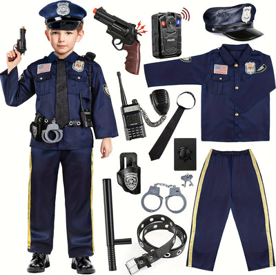 12pcs Deluxe Police Costume For Kids With Accessories, Police Officer Costume For Kids - Kids Halloween Costumes For Boys Girls, Cop Costume Role Play Kit For Halloween Career Day