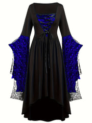 Plus Size, Women's Gothic Plus Size Elegant Witch Dress with Skull & Bat Lace Sleeves, A-Line Floor-Length Formal Halloween Costume, Machine Washable All-Season Party Dress with Belted Waist & Ruffled Hem - Victorian-Style St