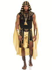 Men Egyptian Costume Set, 7 Pcs Golden Trim Tank Tops Skirt Arm Sleeves Headwear Necklace Halloween Cosplay Outfits