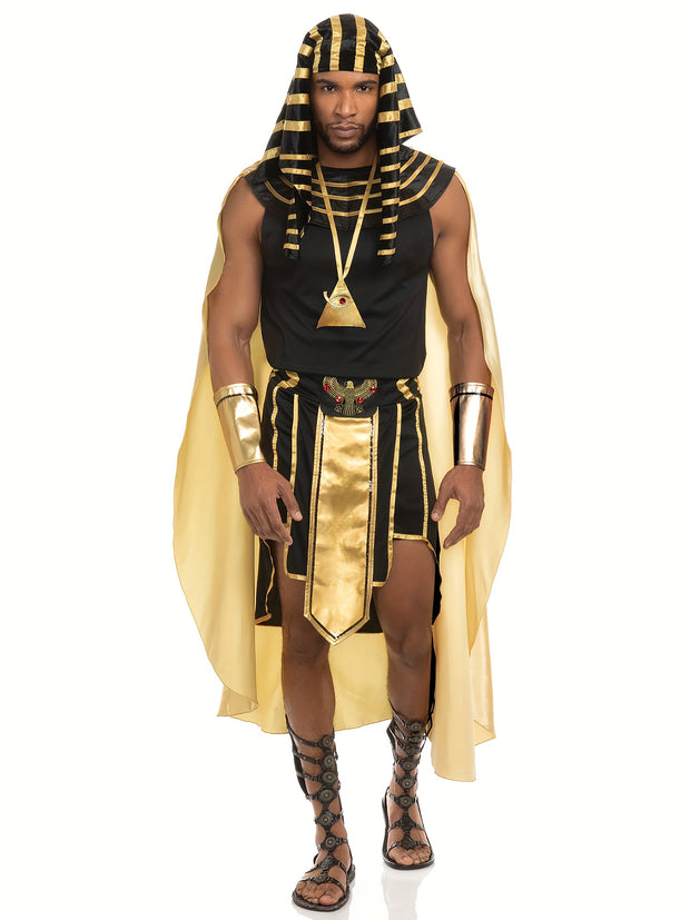 Men Egyptian Costume Set, 7 Pcs Golden Trim Tank Tops Skirt Arm Sleeves Headwear Necklace Halloween Cosplay Outfits