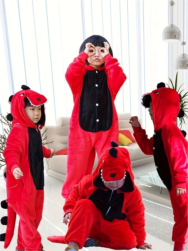 1pc Boys Cozy Dinosaur Hooded Jumpsuit for Halloween Parties, Boys Clothes, family Valentine's Day themed