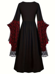 Plus Size, Women's Gothic Plus Size Elegant Witch Dress with Skull & Bat Lace Sleeves, A-Line Floor-Length Formal Halloween Costume, Machine Washable All-Season Party Dress with Belted Waist & Ruffled Hem - Victorian-Style St