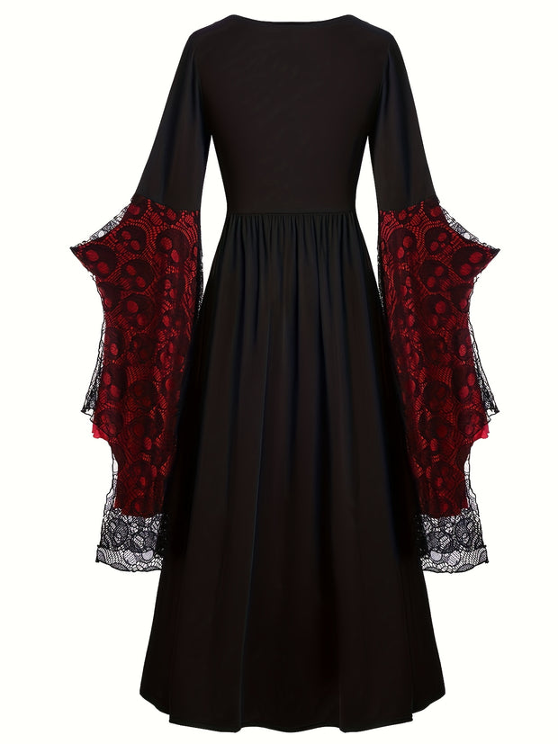 Plus Size, Women's Gothic Plus Size Elegant Witch Dress with Skull & Bat Lace Sleeves, A-Line Floor-Length Formal Halloween Costume, Machine Washable All-Season Party Dress with Belted Waist & Ruffled Hem - Victorian-Style St