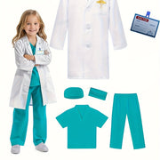 6pcs Set V-neck Top + Pants + Hat + Mask+ Name Card + Embroidered White Coat, Youngers Doctor Nurse Uniform Professional Costume Kindergarten Surgical Suit Role-playing Games Birthday Clothes Performance Party Mardi Gras, Car