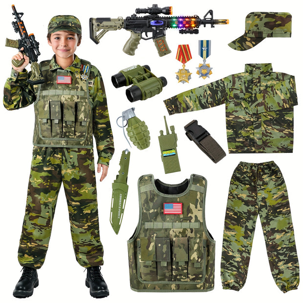GINMIC Tactical Army Costume for Boys & Girls - Realistic Camouflage Vest with MOLLE Webbing, Pistol & Med Kit, Halloween & Christmas Outfit, Durable Polyester, Boy Costume, Best for Christmas