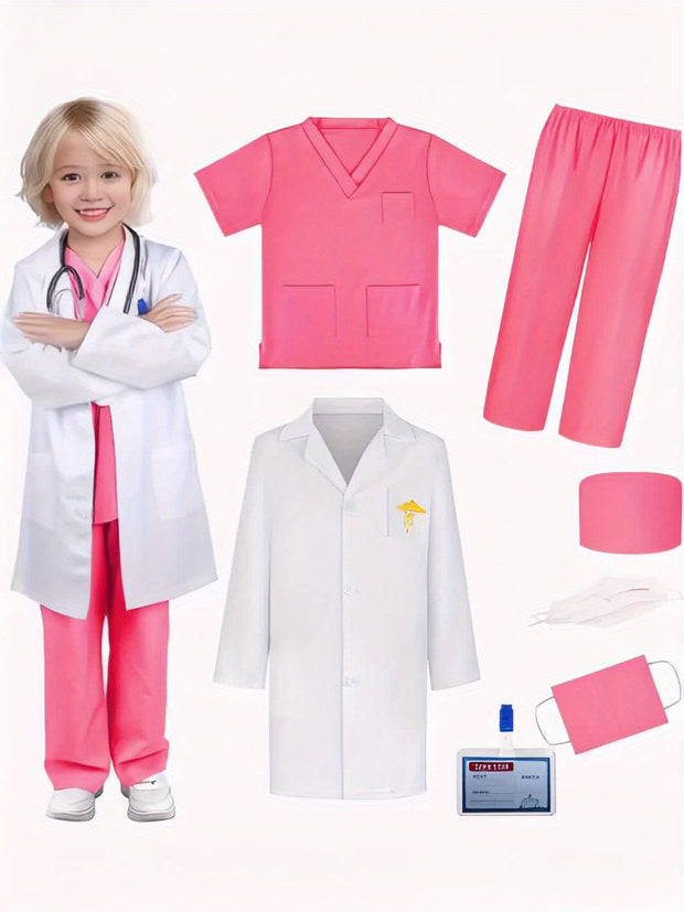 6pcs Set V-neck Top + Pants + Hat + Mask+ Name Card + Embroidered White Coat, Youngers Doctor Nurse Uniform Professional Costume Kindergarten Surgical Suit Role-playing Games Birthday Clothes Performance Party Mardi Gras, Car