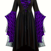 Plus Size, Women's Gothic Plus Size Elegant Witch Dress with Skull & Bat Lace Sleeves, A-Line Floor-Length Formal Halloween Costume, Machine Washable All-Season Party Dress with Belted Waist & Ruffled Hem - Victorian-Style St
