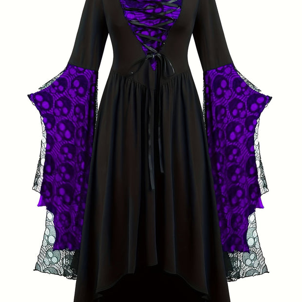 Plus Size, Women's Gothic Plus Size Elegant Witch Dress with Skull & Bat Lace Sleeves, A-Line Floor-Length Formal Halloween Costume, Machine Washable All-Season Party Dress with Belted Waist & Ruffled Hem - Victorian-Style St