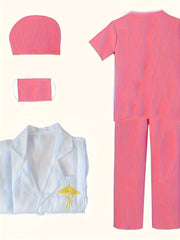 6pcs Set V-neck Top + Pants + Hat + Mask+ Name Card + Embroidered White Coat, Youngers Doctor Nurse Uniform Professional Costume Kindergarten Surgical Suit Role-playing Games Birthday Clothes Performance Party Mardi Gras, Car