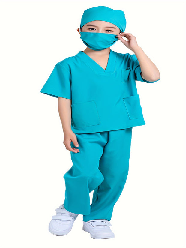 6pcs Set V-neck Top + Pants + Hat + Mask+ Name Card + Embroidered White Coat, Youngers Doctor Nurse Uniform Professional Costume Kindergarten Surgical Suit Role-playing Games Birthday Clothes Performance Party Mardi Gras, Car