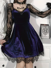 Halloween Waist-Cinching Dress, Gothic Dark Style Contrast Lace Long-Sleeve A-Line Party Performance Costume