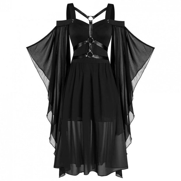 Plus Size, Women's Plus Size Gothic Halloween Witch Dress with Strapless Tie-Waist, Bell Sleeves & Irregular Patchwork - Long A-Line Skirt, Lace-like Hem, Machine Washable Elegant Party & Everyday Maxi Dress