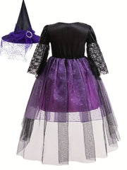 Black Lace Trumpet Sleeve Patchwork Purple Hooded Witch Dress + Witch Hat with Sparkling Sequin Decorations on the Skirt, Suitable for Halloween Gifts for 3-10 Years Old