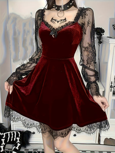 Plus Size, Dark European Hip-Hop Style Contrast Lace Fashion Bustier Flare Sleeve Plus Size Dress