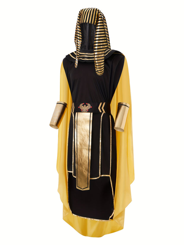 Men Egyptian Costume Set, 7 Pcs Golden Trim Tank Tops Skirt Arm Sleeves Headwear Necklace Halloween Cosplay Outfits