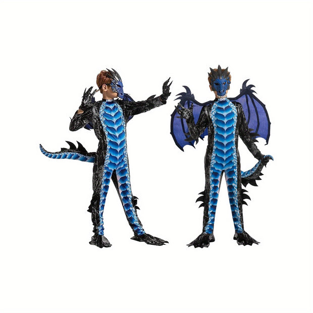 SYNCFUN Halloween Dragon Costume for Kids - Blue & Black Winged Dragon with Tail & Mask Set, All-Season Dress Up for Boys, Halloween Costume, Festive Attire, Detailed Craftsmanship, Durable Fabric, Best for Christmas, Perfect