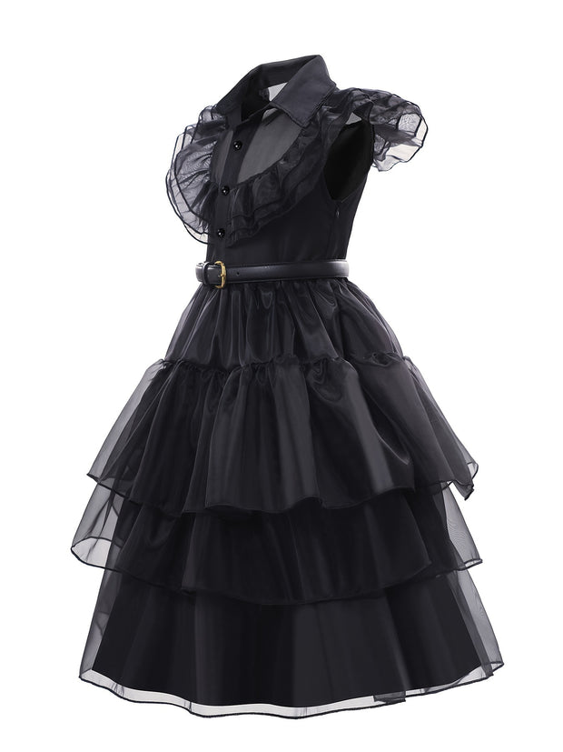 Girls' V-Neck Ruffle Button Solid Color High Neck Black Dress Long Skirt Cosplay Princess Birthday Party Christmas Halloween Dance Party Dress with Wig, Stockings, Necklace Set and Gloves 5pcs Set