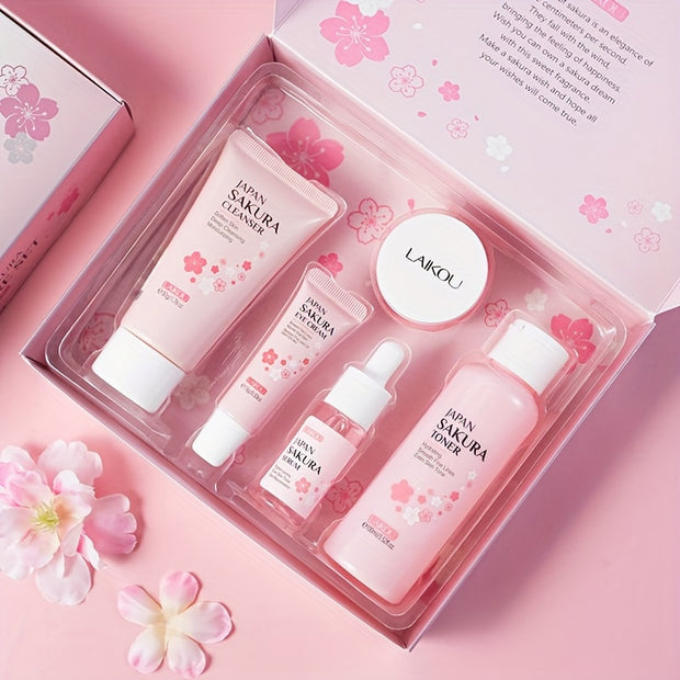 The new Sakura five-piece gift box, moisturizing + moisturizing + essence cream Light Beige care set, a set of multi-purpose, exquisite and beautiful Light Beige care gift box, a good choice for gifts