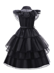 Girls' V-Neck Ruffle Button Solid Color High Neck Black Dress Long Skirt Cosplay Princess Birthday Party Christmas Halloween Dance Party Dress with Wig, Stockings, Necklace Set and Gloves 5pcs Set