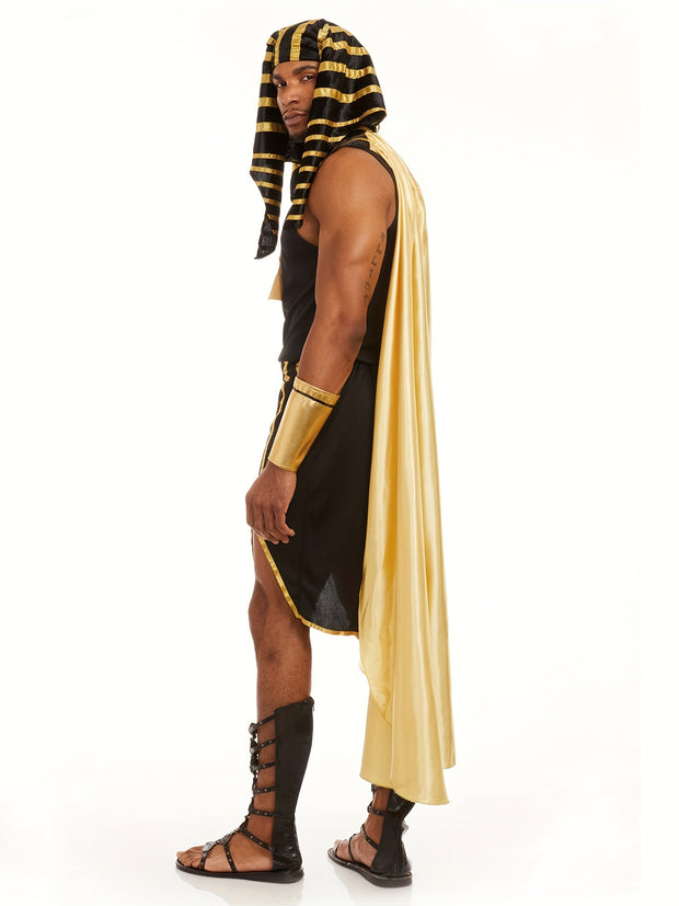 Men Egyptian Costume Set, 7 Pcs Golden Trim Tank Tops Skirt Arm Sleeves Headwear Necklace Halloween Cosplay Outfits